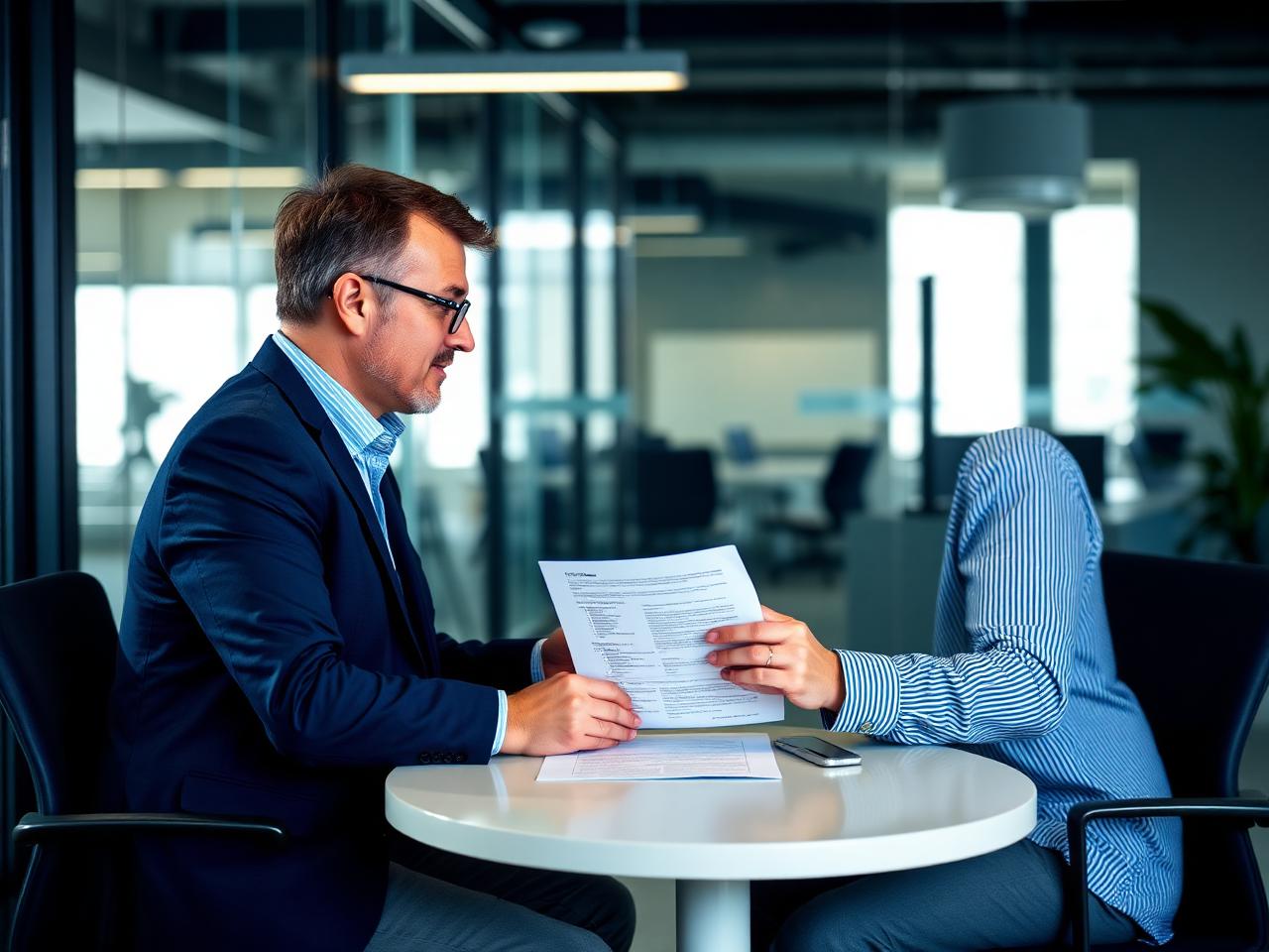 A consultant reviewing a candidate CV together at a meeting table