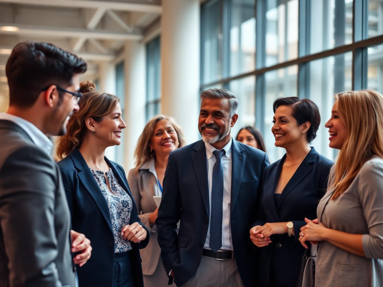 A diverse group of Australian professionals talking in an office atrium