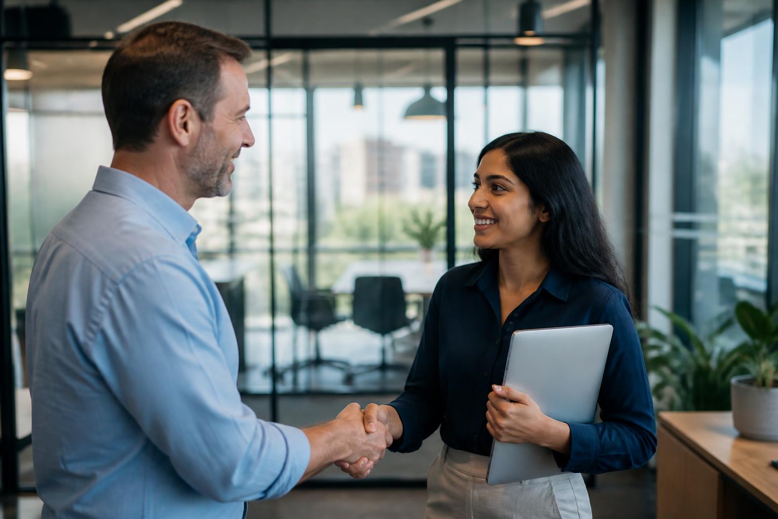 An ICT hiring manager welcoming a newly placed software engineer in a modern Australian office