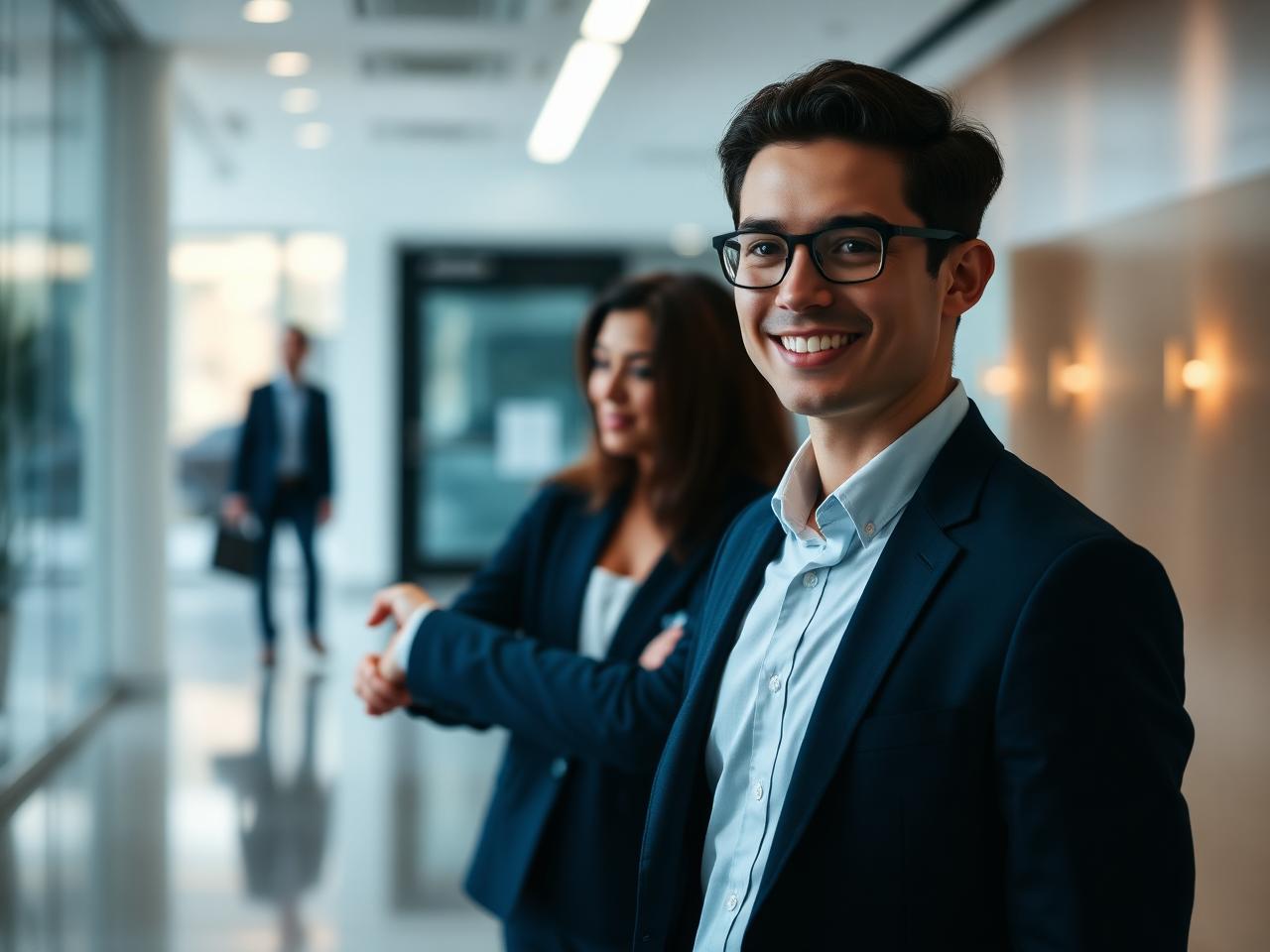An ICT professional arriving for an interview in a modern office lobby