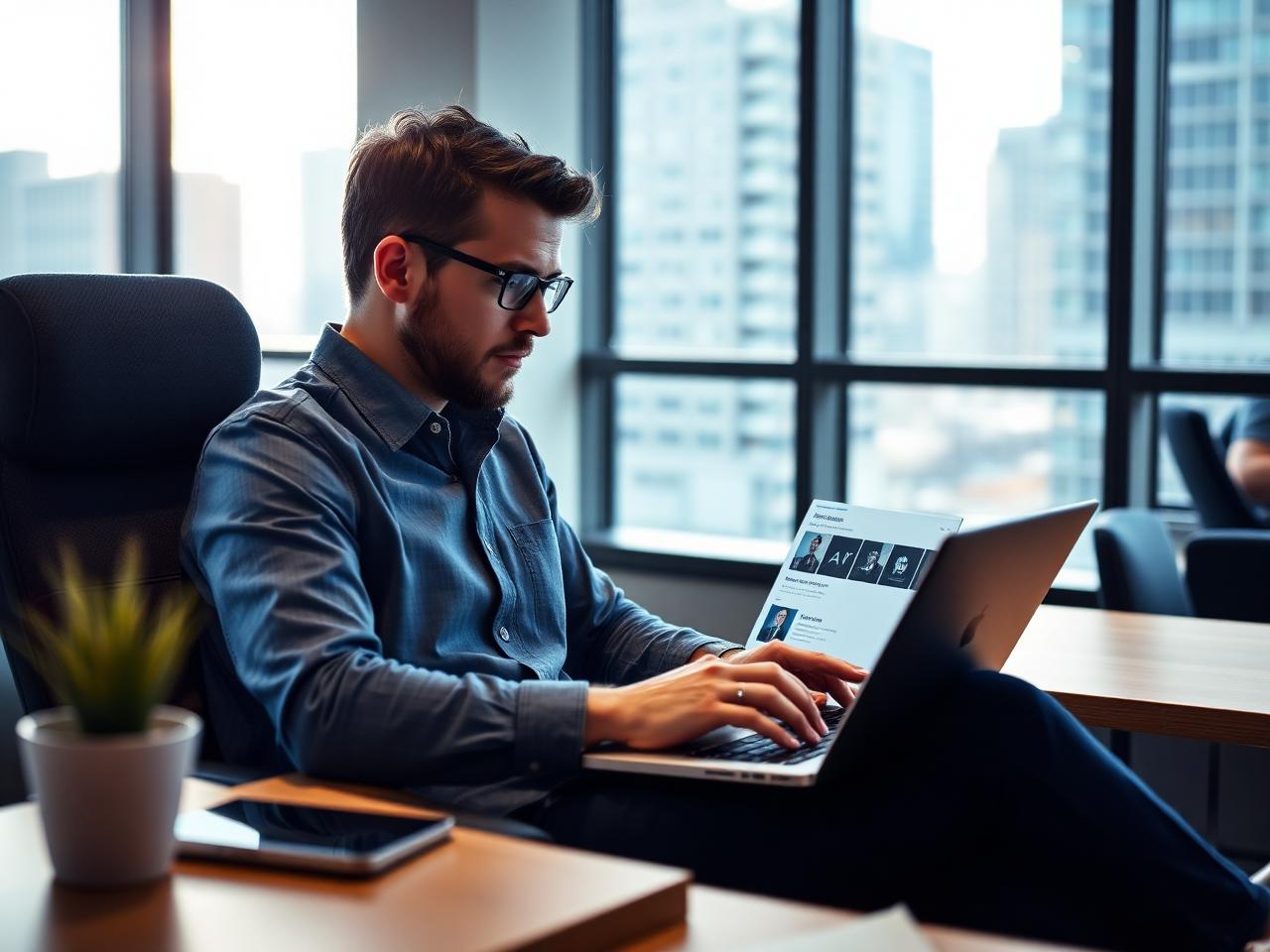An IT professional browsing ICT job opportunities on a laptop