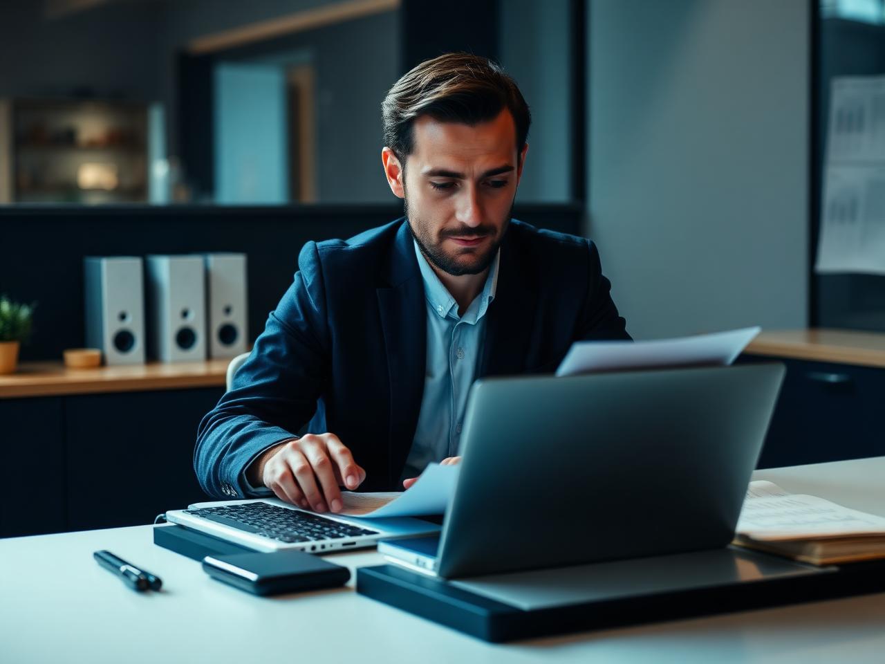 A payroll specialist reviewing contractor timesheets and compliance documents