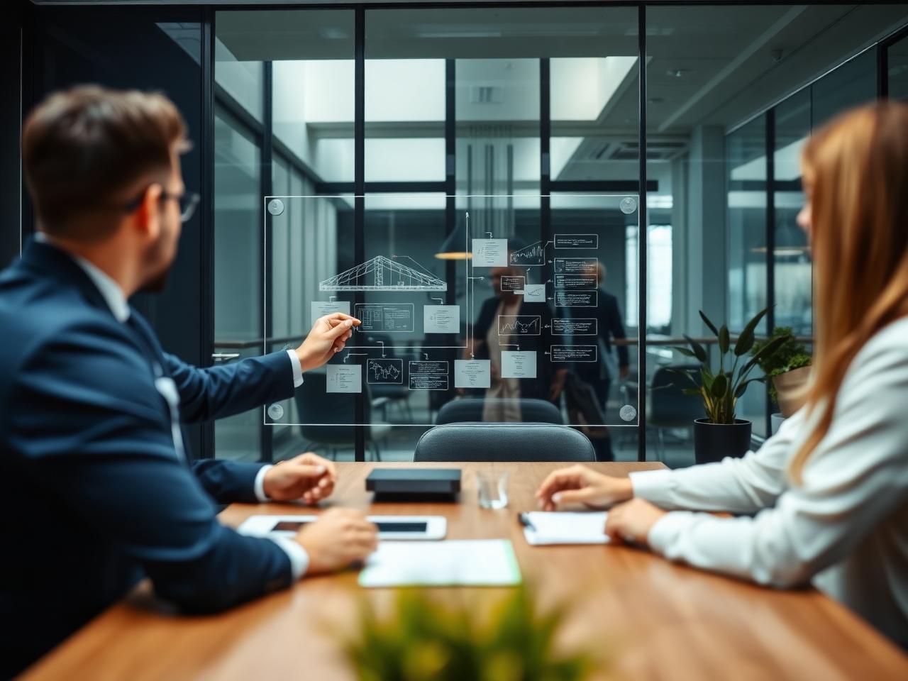 Consultants presenting a solution architecture on a glass whiteboard