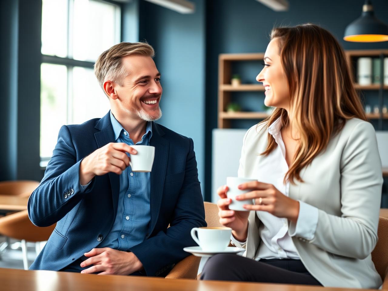 Two colleagues talking over coffee about a job referral